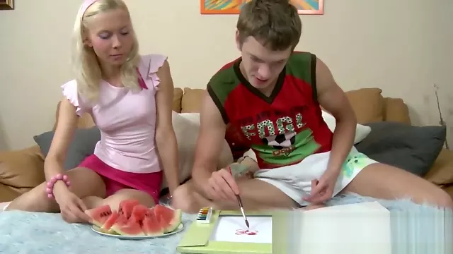 Slim Blonde Watermelon Eating Foreplay!