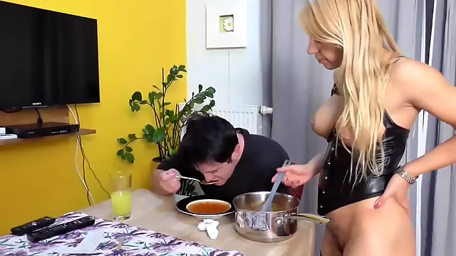 Feeding soup mixed with piss and saliva by Femdom Austria