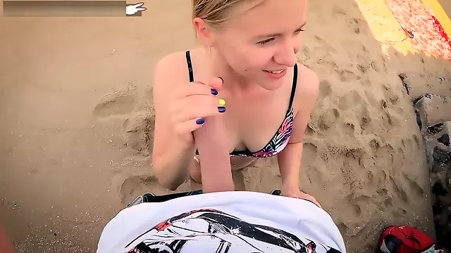 blowjob on the beach - doggystyle in swimsuit - sexy teen sucks big cock