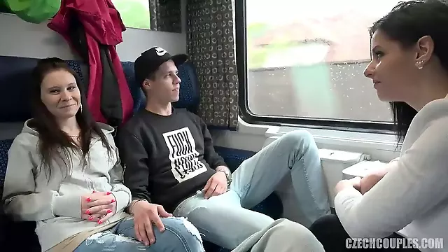 Kinky teens in foursome porn on a train