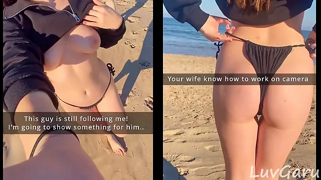 Naughty threesome on a public beach: Wife gets picked up by a random stranger while husband watches in disbelief!