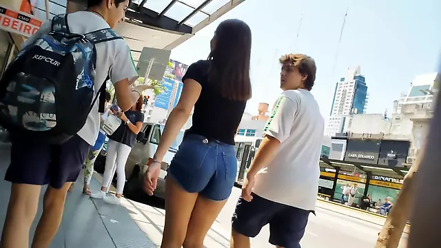 Brunette Teen Ass Mini Jean Shorts