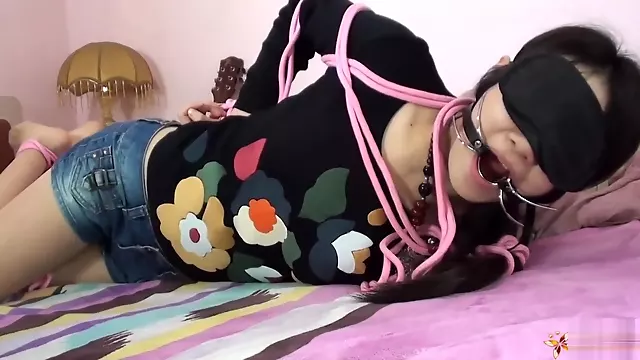 Chinese girl blindfolded and hogtied